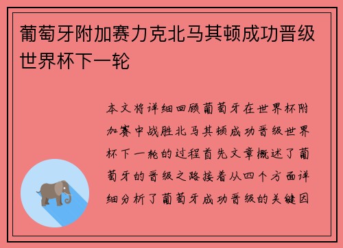 葡萄牙附加赛力克北马其顿成功晋级世界杯下一轮